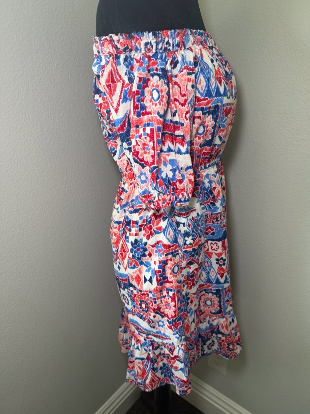 LOFT Off-the-Shoulder Ruffle Printed Cotton Blend Dress in Blue & Red - Picture 4 of 7